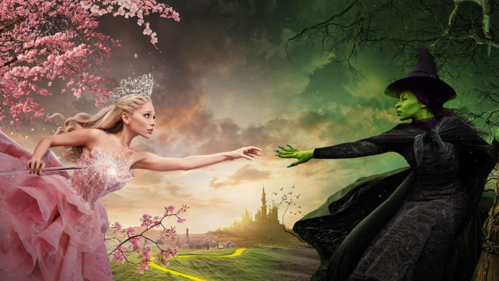 Glinda and Elphaba from Wicked, beautifully portrayed by Ariana Grande and Cynthia Erivo, reaching out in a symbolic moment amidst the magical land of Oz.