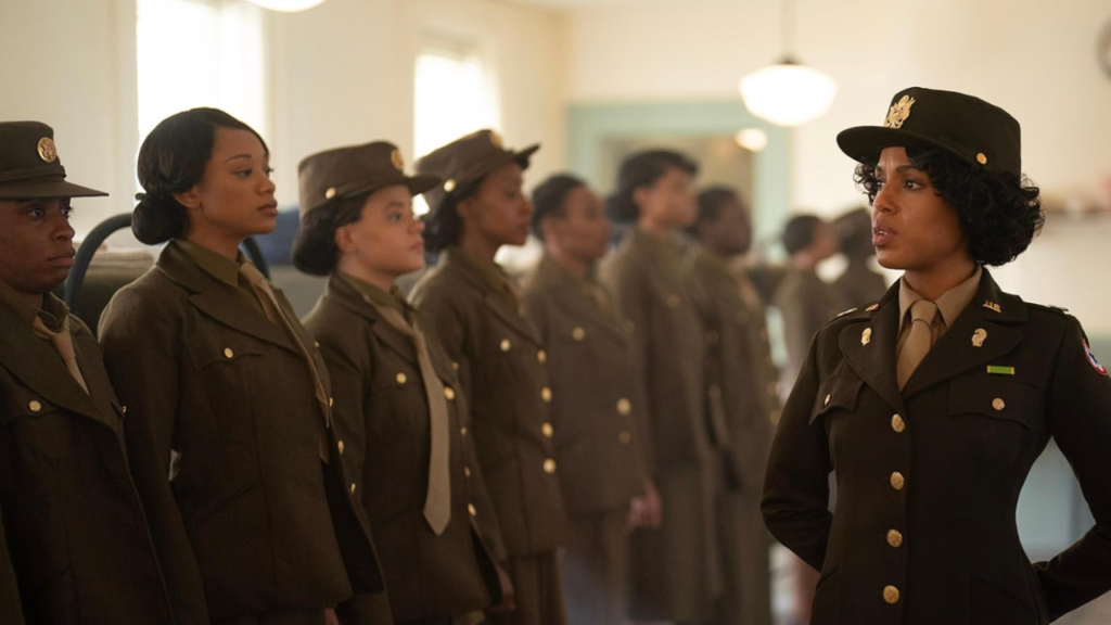 Kerry Washington as Major Charity Adams in The Six Triple Eight, addressing the 6888th Central Postal Directory Battalion, highlighting discipline and leadership during WWII.